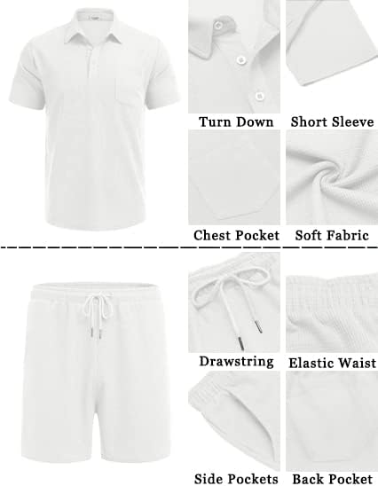 Men's Waffle Knit Polo Shirt and Shorts Two-Piece Summer Set Casual Sportswear