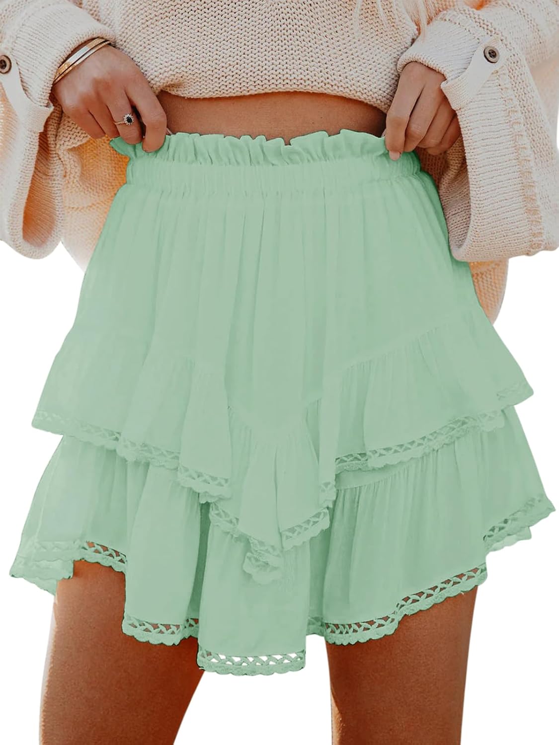 Flowy Shorts for Women Casual Boho Ruffle Tiered Skorts High Waist Mini Skirts Golf Tennis Crochet Shorts