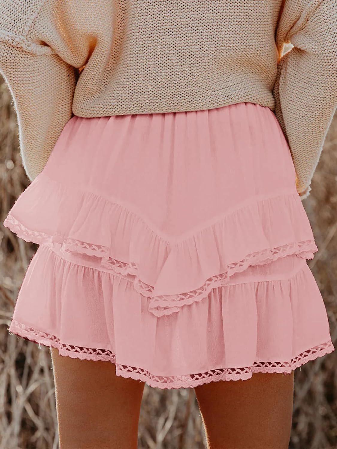 Flowy Shorts for Women Casual Boho Ruffle Tiered Skorts High Waist Mini Skirts Golf Tennis Crochet Shorts