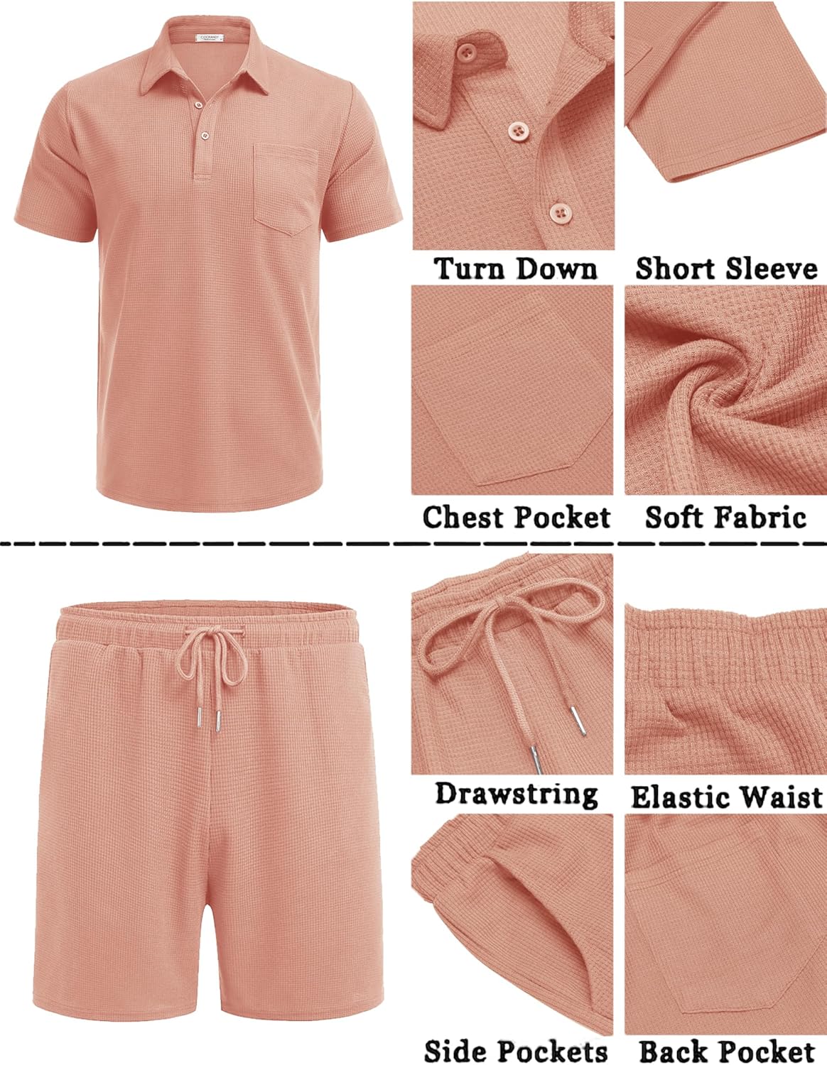 Men's Waffle Knit Polo Shirt and Shorts Two-Piece Summer Set Casual Sportswear