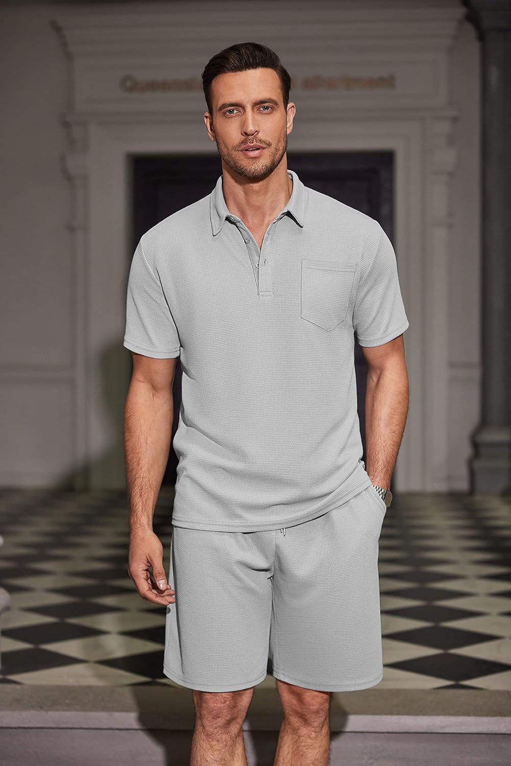 Men's Waffle Knit Polo Shirt and Shorts Two-Piece Summer Set Casual Sportswear