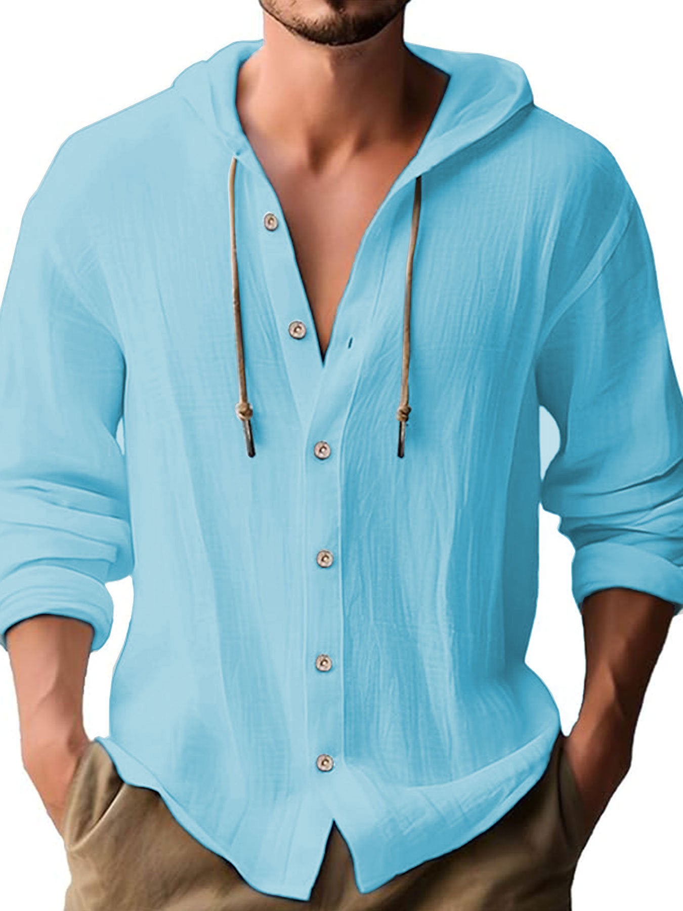 Men'S Hooded T-Shirt Solid Color Cotton Linen Casual Long-Sleeved Top