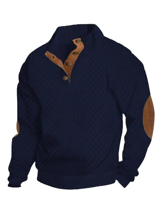 Men's Colorblock Patchwork Jacquard Button Front Sweatshirt, Regular Fit Casual Long Sleeve Stand Collar Sweatshirt for Fall & Winter, Fashion Men's Knitwear for Daily Wear